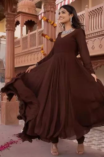 Brown georgette plain anarkali kurta set with dupatta for women