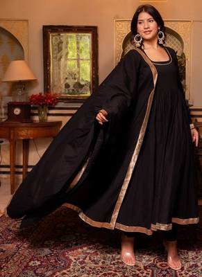 Black cotton plain anarkali kurta set with dupatta for women 2