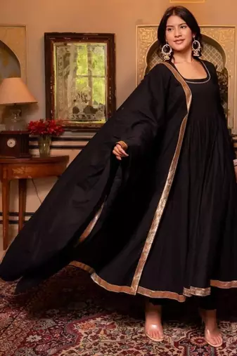 Black cotton plain anarkali kurta set with dupatta for women