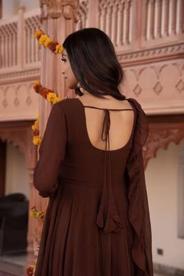 Brown georgette plain anarkali kurta set with dupatta for women 4