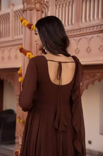 Brown georgette plain anarkali kurta set with dupatta for women