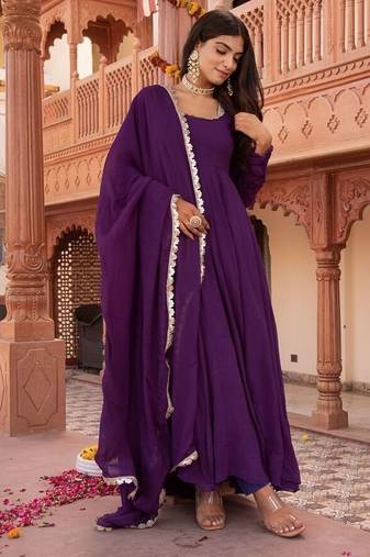 Purple georgette plain anarkali kurta set with dupatta for women