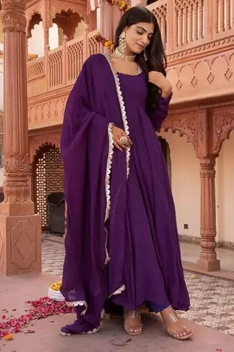 Purple georgette plain anarkali kurta set with dupatta for women