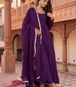 Purple georgette plain anarkali kurta set with dupatta for women