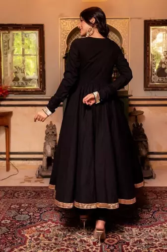 Black cotton plain anarkali kurta set with dupatta for women