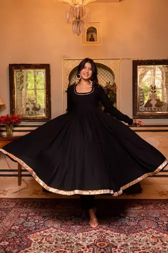 Black cotton plain anarkali kurta set with dupatta for women
