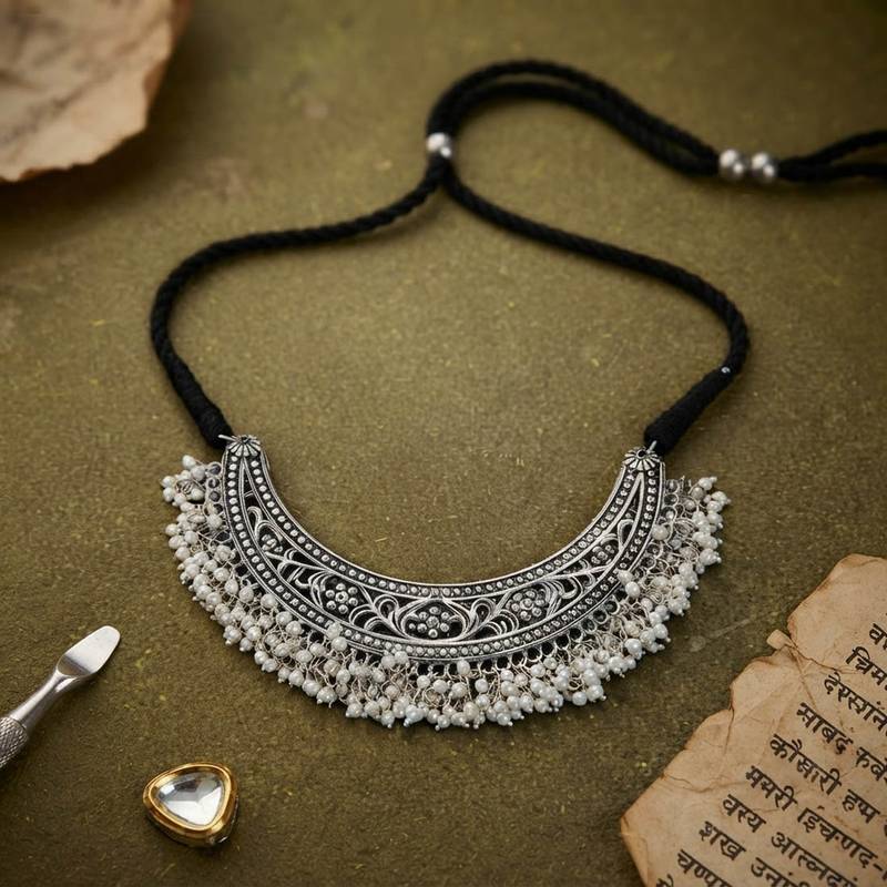 Silver & white color designer oxidised necklace