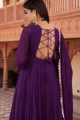 Purple georgette plain anarkali kurta set with dupatta for women