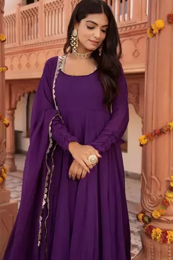 Purple georgette plain anarkali kurta set with dupatta for women