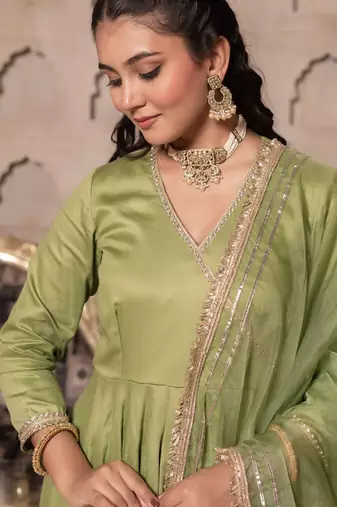 Green silk blend plain anarkali kurta set with dupatta for women