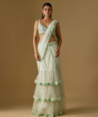 Mint green embroidered satin tulle drape saree set 1