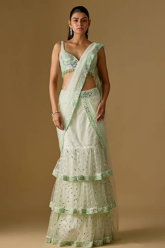 Mint green embroidered satin tulle drape saree set