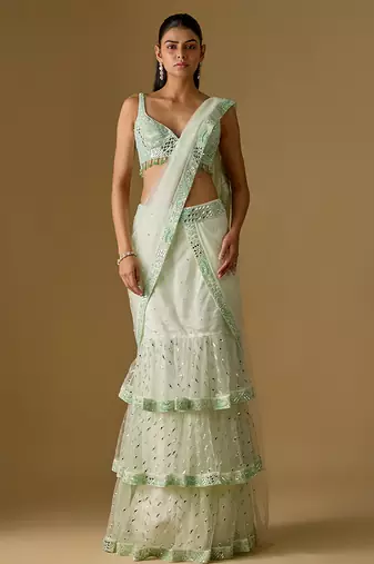 Mint green embroidered satin tulle drape saree set