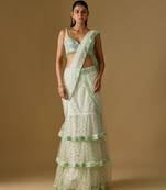 Mint green embroidered satin tulle drape saree set