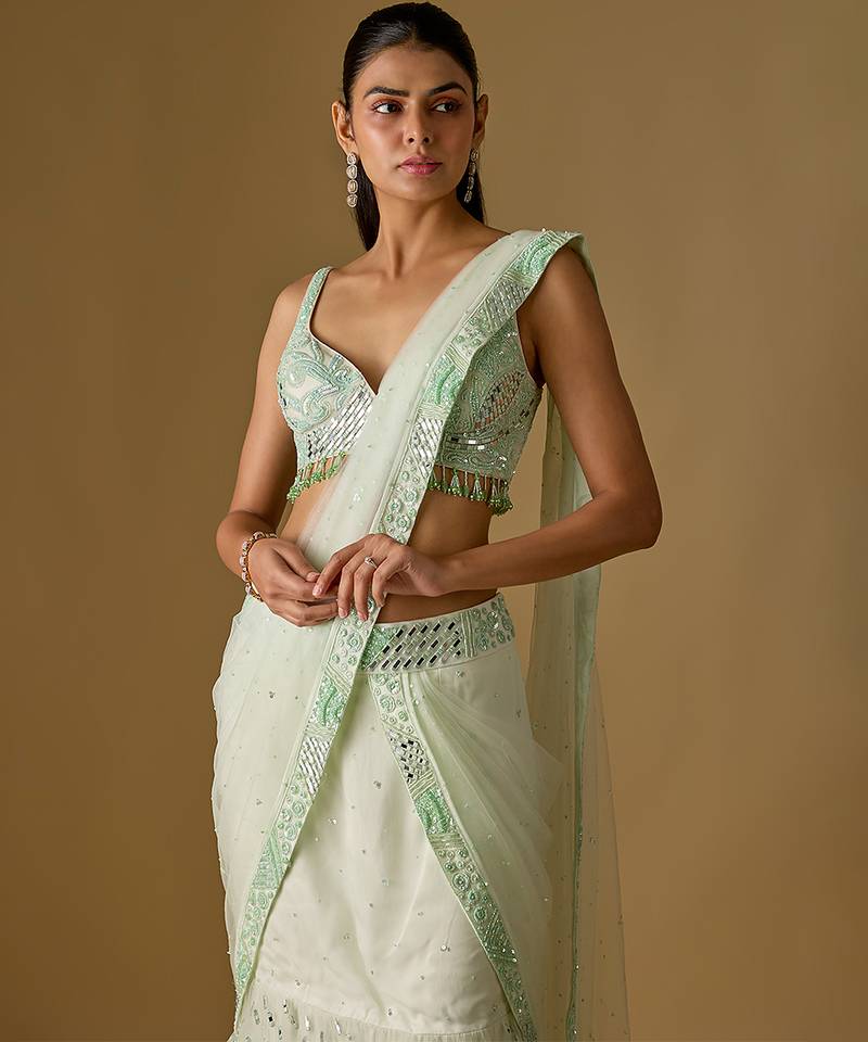 Mint green embroidered satin tulle drape saree set
