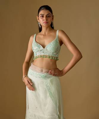 Mint green embroidered satin tulle drape saree set 3