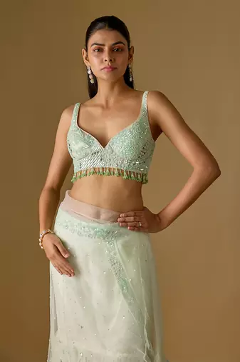 Mint green embroidered satin tulle drape saree set