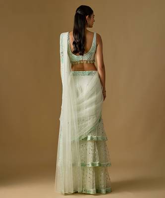 Mint green embroidered satin tulle drape saree set 4