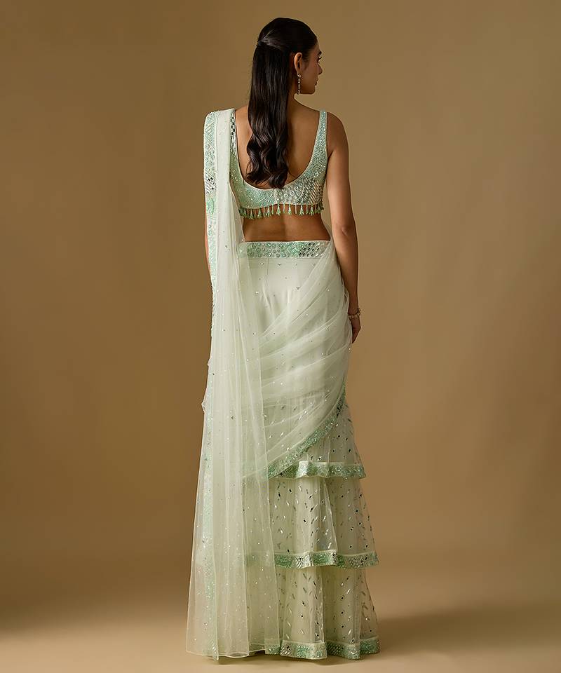 Mint green embroidered satin tulle drape saree set