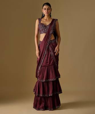 Wine embroidered satin tulle drape saree set 1