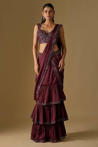 Wine embroidered satin tulle drape saree set