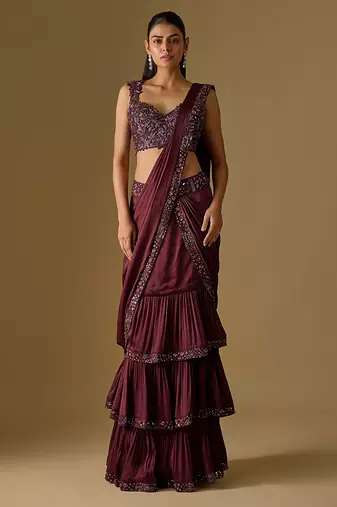 Wine embroidered satin tulle drape saree set