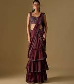 Wine embroidered satin tulle drape saree set
