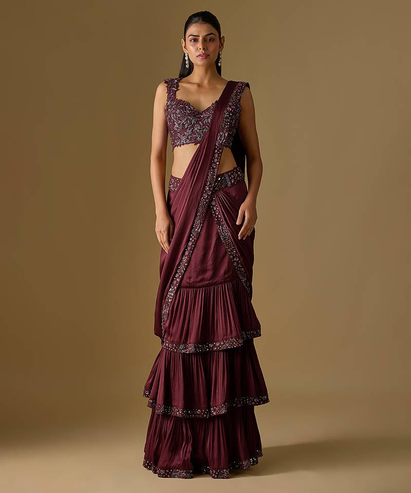 Wine embroidered satin tulle drape saree set