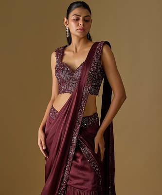 Wine embroidered satin tulle drape saree set 2