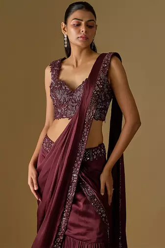 Wine embroidered satin tulle drape saree set