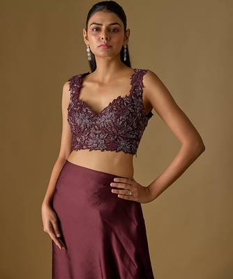 Wine embroidered satin tulle drape saree set 3