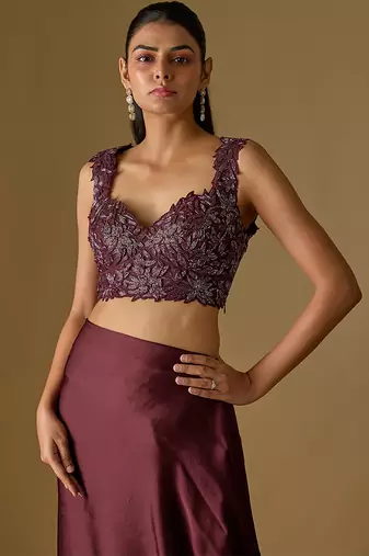 Wine embroidered satin tulle drape saree set