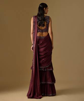 Wine embroidered satin tulle drape saree set 4