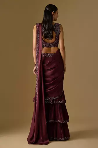 Wine embroidered satin tulle drape saree set