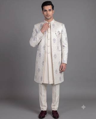 Ivory floral jacquard open indowestern suit for men 1