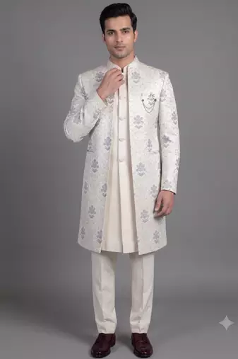 Ivory floral jacquard open indowestern suit for men