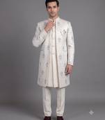 Ivory floral jacquard open indowestern suit for men