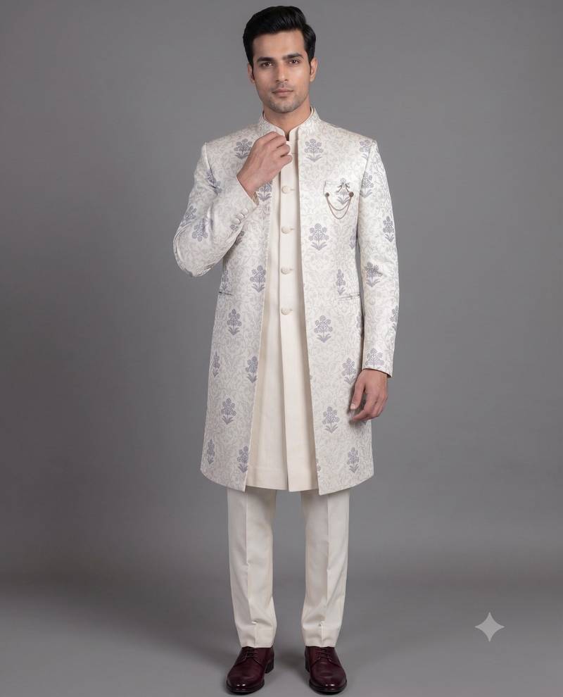 Ivory floral jacquard open indowestern suit for men