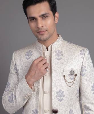 Ivory floral jacquard open indowestern suit for men 2