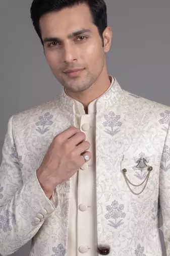 Ivory floral jacquard open indowestern suit for men