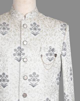 Ivory floral jacquard open indowestern suit for men 4
