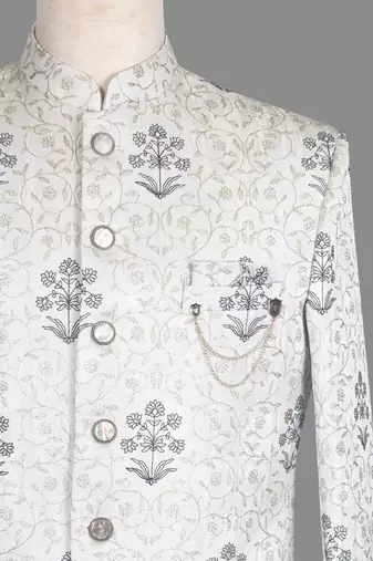 Ivory floral jacquard open indowestern suit for men