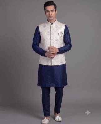 Ivory floral jacquard nehru jacket for men 1