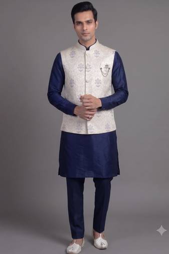 Ivory floral jacquard nehru jacket for men