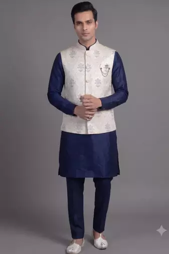 Ivory floral jacquard nehru jacket for men