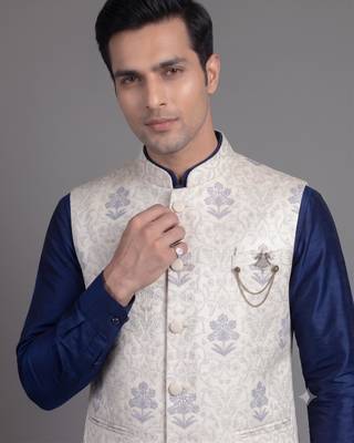 Ivory floral jacquard nehru jacket for men 2