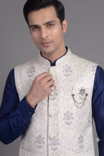 Ivory floral jacquard nehru jacket for men
