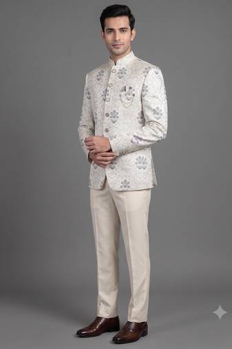 Ivory floral jacquard bandhgala suit for men