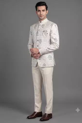Ivory floral jacquard bandhgala suit for men