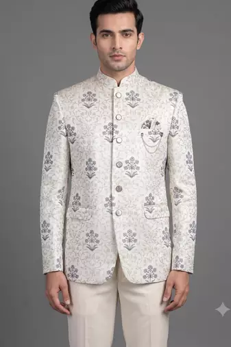 Ivory floral jacquard bandhgala suit for men